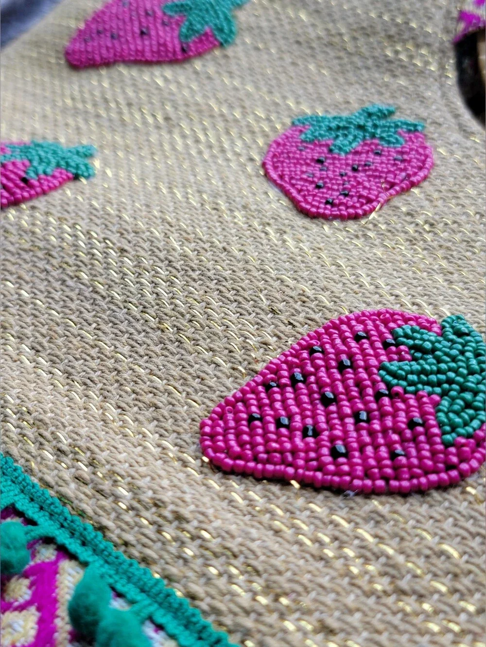 Authentic American & Beyond Straw and Jute Woven Tote with Pink Strawberries